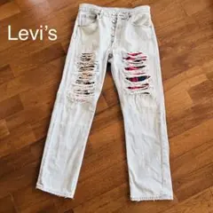 Levi's 501 ダメージデニム 赤チェック ボタン裏刻印647 メキシコ製