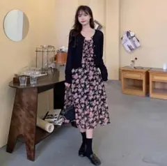 【残り1点】レディース 花柄ワンピース カーディガン　2点セット　韓国 ピンク