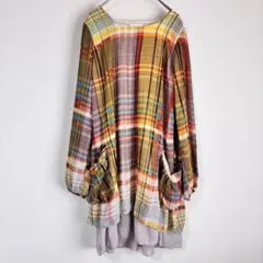 【長袖ブラウス】チェック柄チュニック(М)レディース トップス