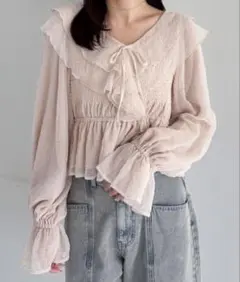 Heather シアーチェックフリルブラウス ピンク