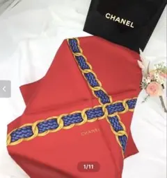 シャネル　CHANEL シルク　スカーフ　赤　チェーン柄　ベルト　新品　箱付き