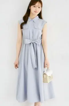 ウエストリボン付きリネンライクシャツワンピース　ブルー