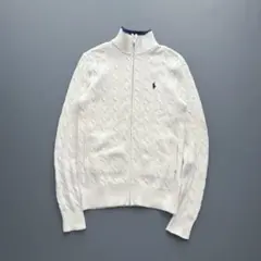 ポロラルフローレン ドライバーズニット　ケーブル フルジップ 綿 白 M相当
