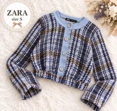 ZARA ザラ ツイード 長袖 プルオーバー S ショート丈 デニム切替 ブルー