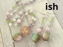 【C104】ishキャッツアイハート・パールコート紅水晶ネックレス＆ピアス