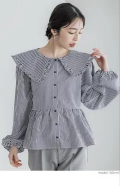 新品未使用　コカ　coca ビッグカラーブラウス　フリル付き　ストライプ M