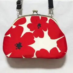 がま口ショルダーバッグ　花柄　シンプル　大きい　25cm口金　ショルダー紐付き