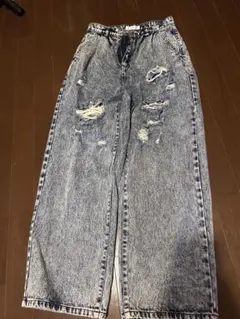 DJ様　ダメージ加工 グレー ワイドレッグ デニムパンツ