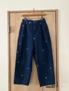 サマンサモスモス　刺繍入りデニム/ツイルカーブパンツ　ネイビー