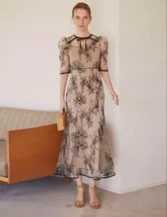 花柄刺繍フロントバックリボンパフスリーブマーメイドフレアロングワンピースドレス