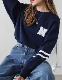 ボンジュールサガン　サガラ刺繍ロゴスウェットライクニット　ネイビー　○27のサムネイル