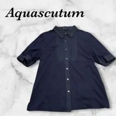 売切価格☆美品♡アクアスキュータム 異素材ピンタック シャツ 紺 8 ストレッチのサムネイル