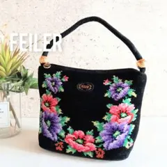 美品 フェイラー 花柄 ボタニカル 刺繍 ハンドバッグ 鞄 ポーチ ブラック 黒