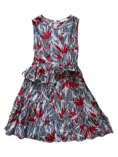 ストライプ 花柄 ワンピース ウエストリボン ペプラム