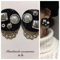 963-2 2way ブラック☺︎シルバーパールの大ぶりピアス×チェーン☺︎