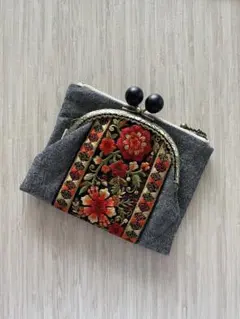 がま口ポーチハンドメイド❣️☘️インド刺繍リボン☘️❣️ウサギ
