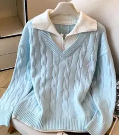 ブルーとホワイトのセーター風ツーピース、Lサイズ