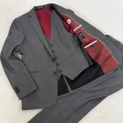 美品 パーソンズ 3ピース 光沢 ビジネススーツ 本切羽 総裏 グレー