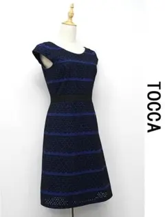 A462/ TOCCA ひざ丈ワンピース フレンチスリーブ 総柄 刺繍 4 青