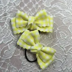 リボン付きヘアゴム 黄色チェック