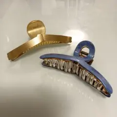 青と茶色のラメ入り透明ヘアクリップ　ゴールドのヘアクリップ　セット