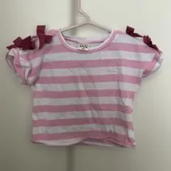 ピンクと白のストライプ Tシャツ 肩リボン付き