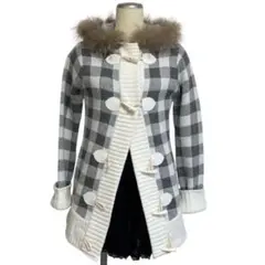 チェック柄 コート グレーフード付き チェック　ダッフル　ニットコート　y2k