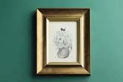 花と猫のイラスト 金色フレーム付き　原画