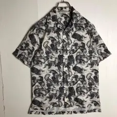 VINTAGE 和柄アロハシャツ】開襟☆半袖☆グレー 木ボタン 3L 虎 竹 