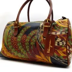 良品✨フェラガモ ミニボストンバッグ ボタニカル柄 チャーム 総柄 希少品