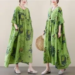 ボタニカル　ロングワンピース　体型カバー　グリーン　Ａライン　ギャザーワンピース