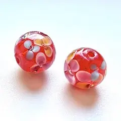 2個 とんぼ玉 ガラスビーズ 花柄 レッド 12mmラウンド