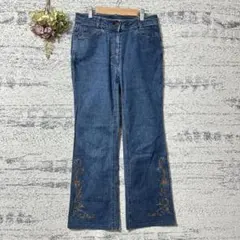レリアン　花刺繍フレアデニムパンツ　ブルー　Lサイズ ストレッチ　ジーンズ
