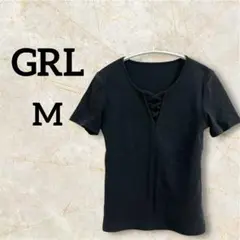 GRLグレイル【M】無地 シンプル カジュアル リブ編み Vネック半袖トップス