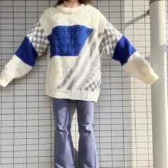 80s vintage 幾何学柄 アクリルニット オーバーサイズ