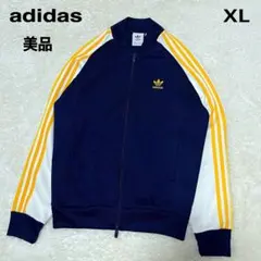 美品adidasアディダストラックジャケットXLネイビーホワイトイエロー刺繍