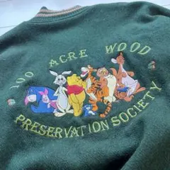 90s USA製 ディズニー プーさん 本革レザー ウールスタジャン 刺繍 緑のサムネイル