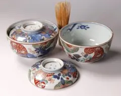 古伊万里 色絵蓋茶碗 二客 太宣年成 花鳥 錦手 染錦 赤絵 金彩 M859