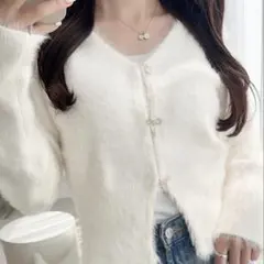 mily bilet ビジューリボンボタンシャギーニットカーディガン