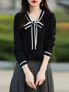 【新品】リボン付き黒長袖ニットセーター 2XL(XXL)