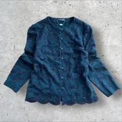 vintage 総レース ブラウス カーディガン風 七分袖 黒 レトロ