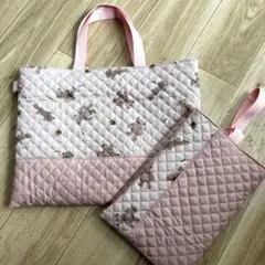 ハンドメイド　クマ柄　キルティング　2点セット　レッスンバッグ　シューズケース