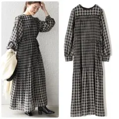 新品タグ付き♡SHIPS チェックプリーツ切替ワンピース ブラック ベルト 1