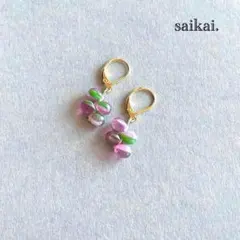 [1016-007]チェコガラスドロップの4連ピアス ピンク グリーン