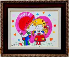 SALE【F6】水森亜土（LOVE）肉筆品/表裏サイン有り/手描き/油絵/高級額