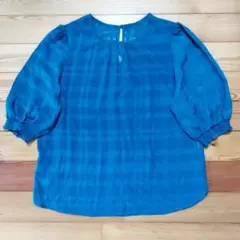 【未使用】ブラウス　ブルーグリーン　チェック　半袖　レディース　シフォン　透け感