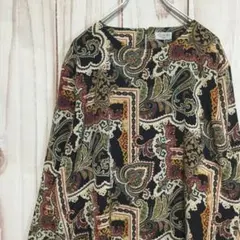 【長袖シャツ】総柄 ペイズリー ビッグサイズ ヨーロピアン XL相当 黒系