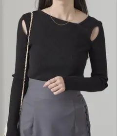 Cieluna アシンメトリーネック　カットオフ　リブニットトップス　黒　美品