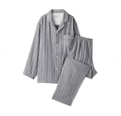 無印良品　脇に縫い目のない　二重ガーゼ長袖パジャマ 紳士ネイビーストライプXL