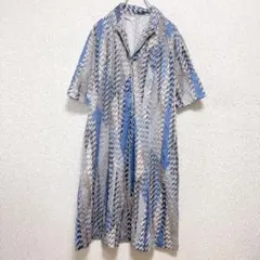 ルパークフレリ 総柄 ワンピース 開襟 半袖 Ｌ 青 茶 お出かけ